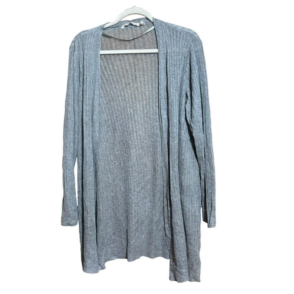 Soft Surroundings Cardigan Womens Petite Medium Gray Ribbed Open Sweater